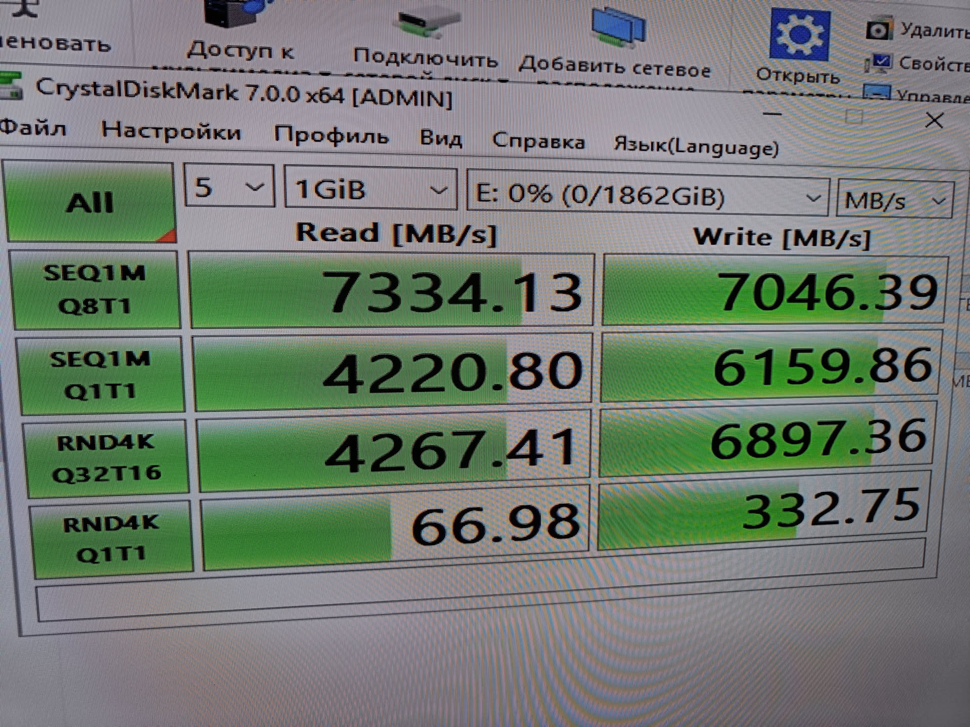 CrystalDiskMark у штатного SSD AORUS Gen4 7300: 7334 МБ/с на чтение, 7046 на запись. Сборка AORUS PRIME 5